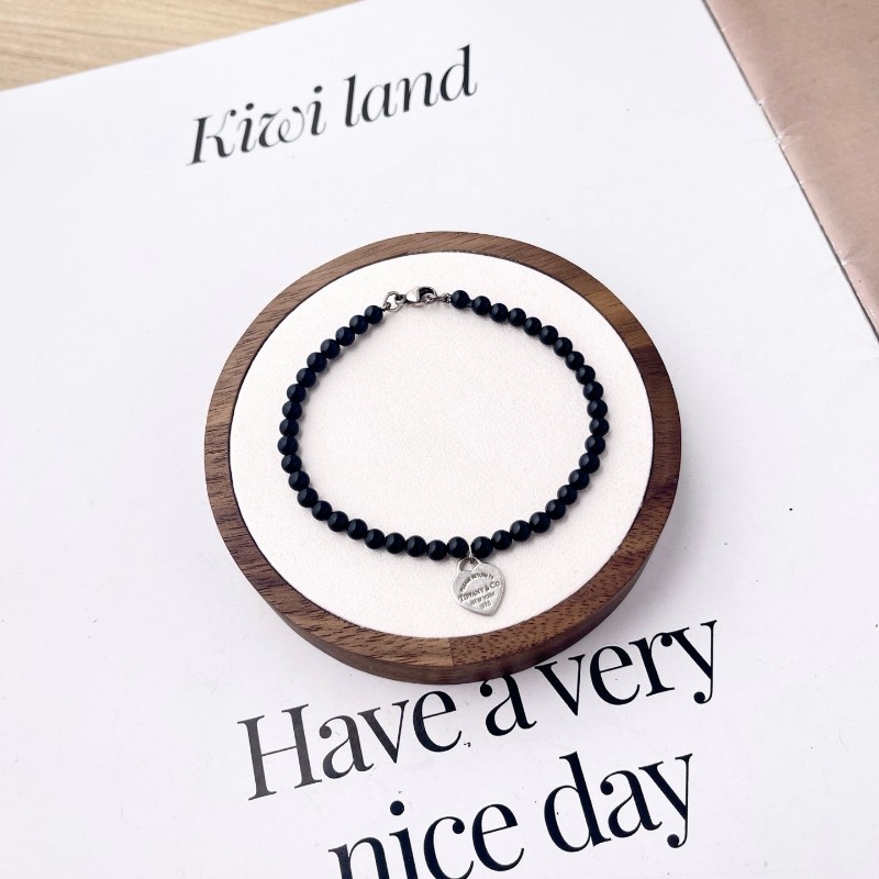 Tiffany 黑曜石925銀愛心吊墜手鍊 17cm-4