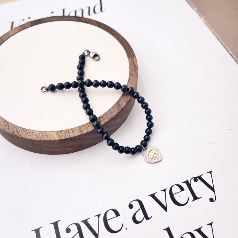 Tiffany 黑曜石925銀愛心吊墜手鍊 17cm-5