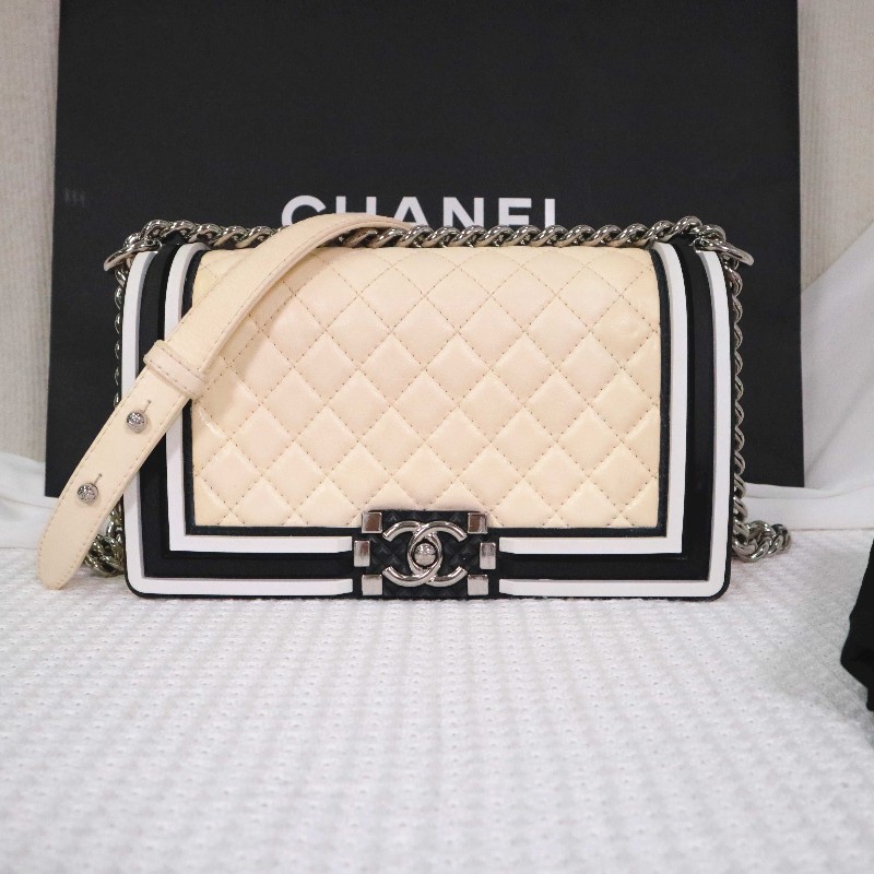 CHANEL 奶油白拼黑白 中號 LEBOY 鏈條包 絕版限量款-0