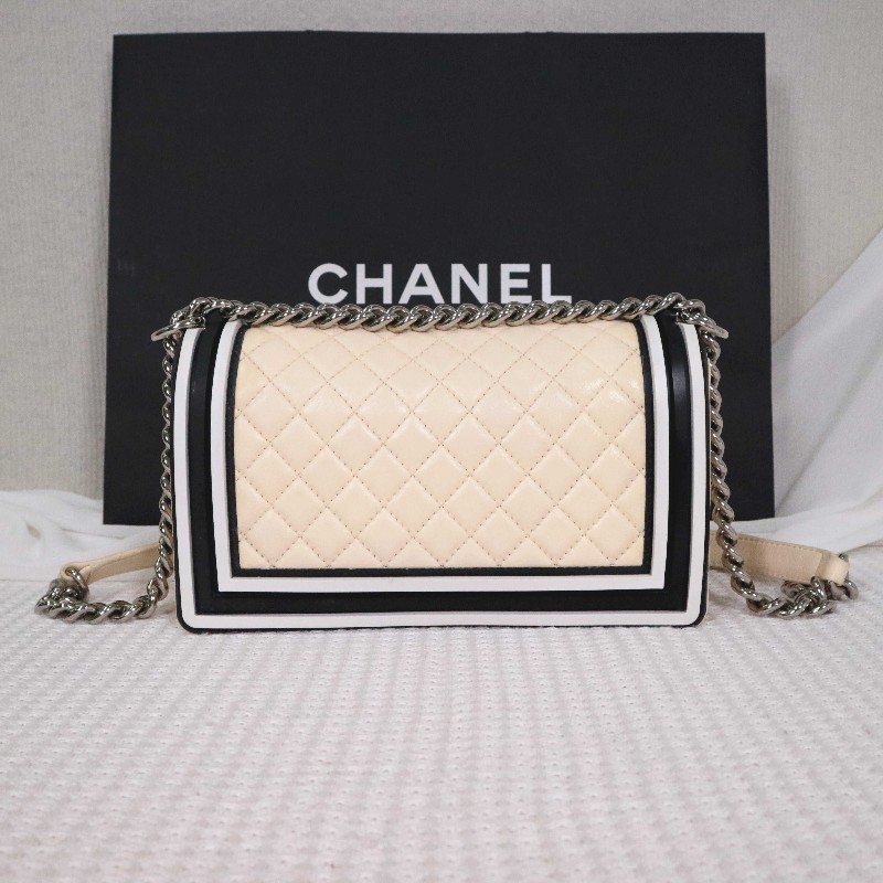 CHANEL 奶油白拼黑白 中號 LEBOY 鏈條包 絕版限量款-2