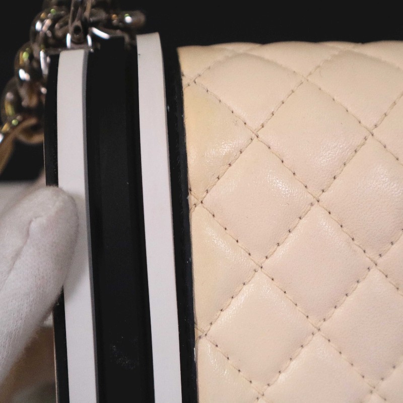 CHANEL 奶油白拼黑白 中號 LEBOY 鏈條包 絕版限量款-8