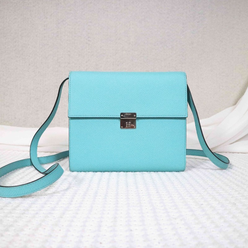 HERMES 愛馬仕 CLIC16 斜背包 U2/Zephyr Blue/微風藍+內拼松柏綠+銀扣-0