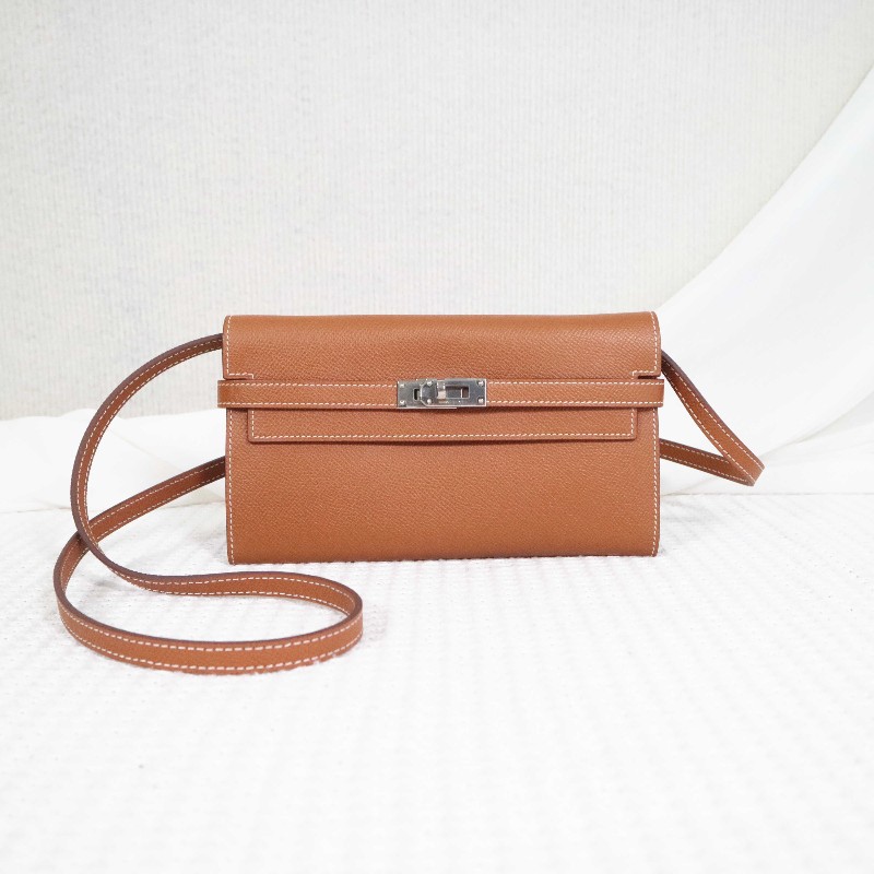 HERMES 愛馬仕 LONG KELLY 錢包金棕銀扣 送肩帶-0