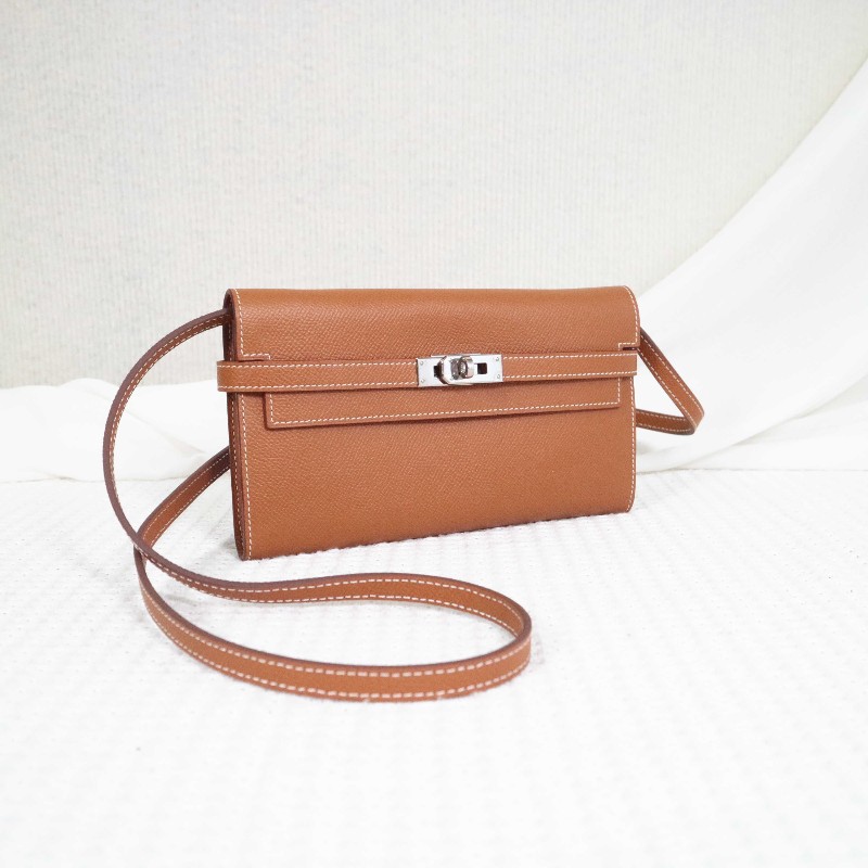 HERMES 愛馬仕 LONG KELLY 錢包金棕銀扣 送肩帶-1