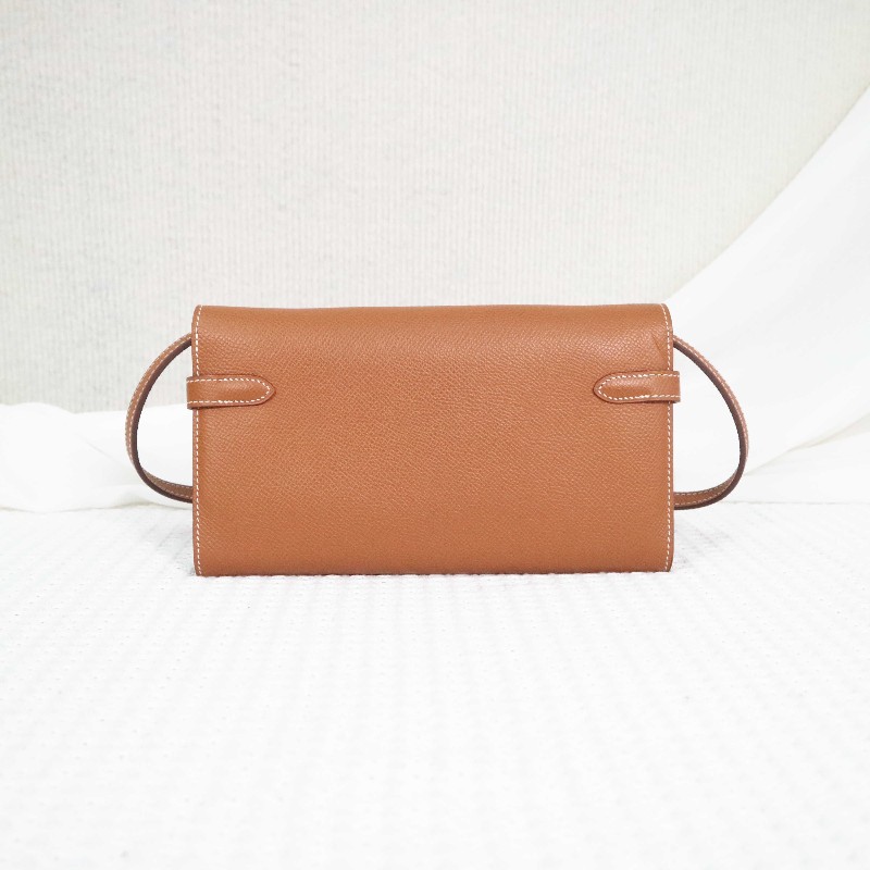 HERMES 愛馬仕 LONG KELLY 錢包金棕銀扣 送肩帶-2
