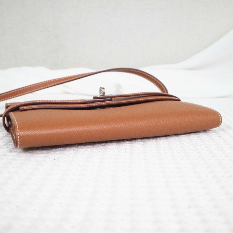 HERMES 愛馬仕 LONG KELLY 錢包金棕銀扣 送肩帶-5