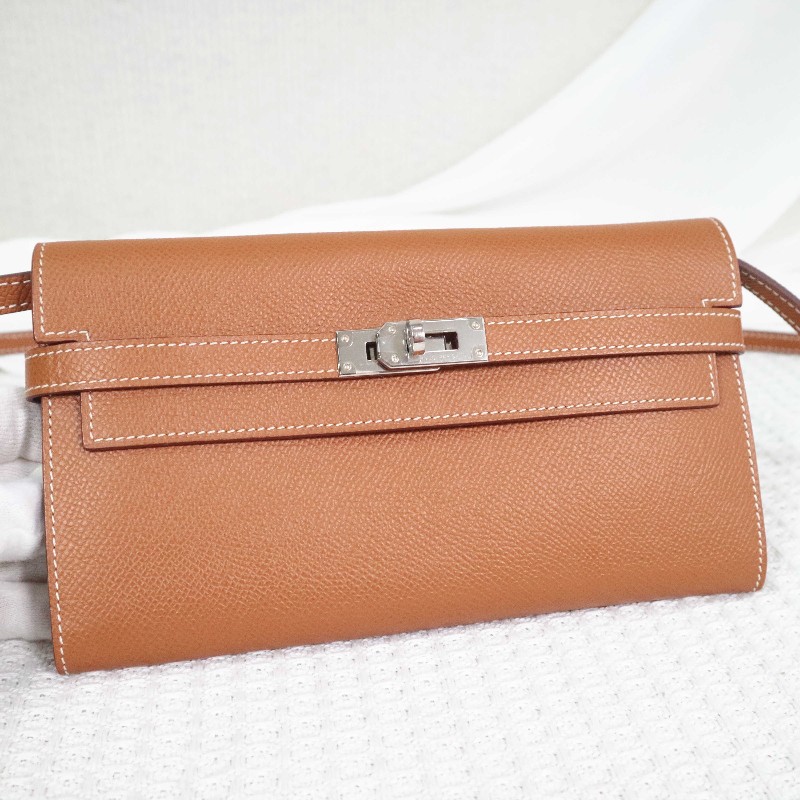 HERMES 愛馬仕 LONG KELLY 錢包金棕銀扣 送肩帶-6