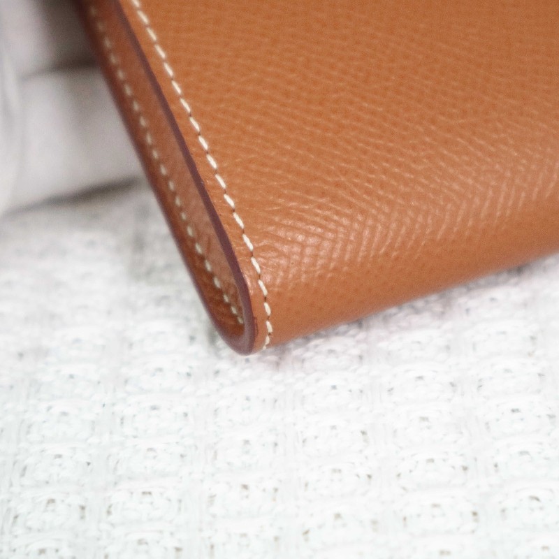 HERMES 愛馬仕 LONG KELLY 錢包金棕銀扣 送肩帶-7