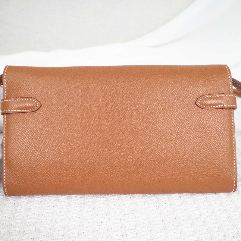HERMES 愛馬仕 LONG KELLY 錢包金棕銀扣 送肩帶-11