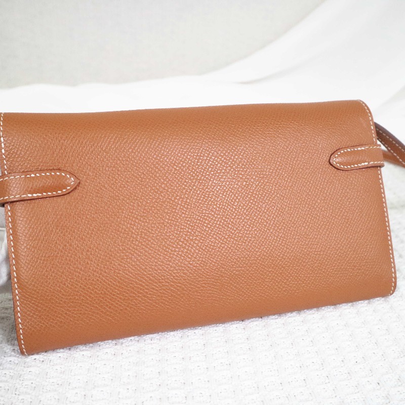 HERMES 愛馬仕 LONG KELLY 錢包金棕銀扣 送肩帶-12