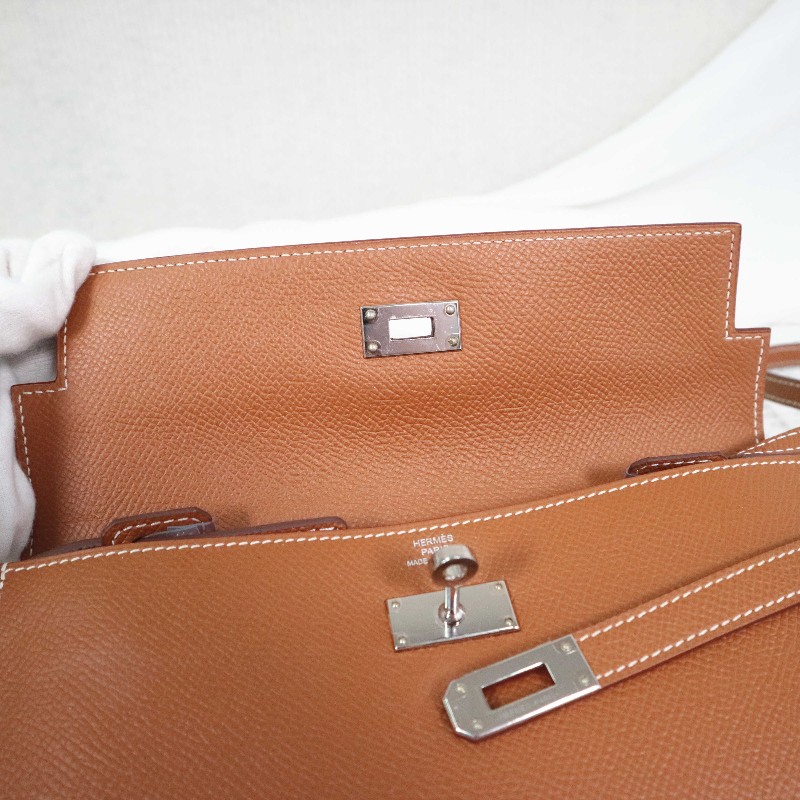 HERMES 愛馬仕 LONG KELLY 錢包金棕銀扣 送肩帶-13
