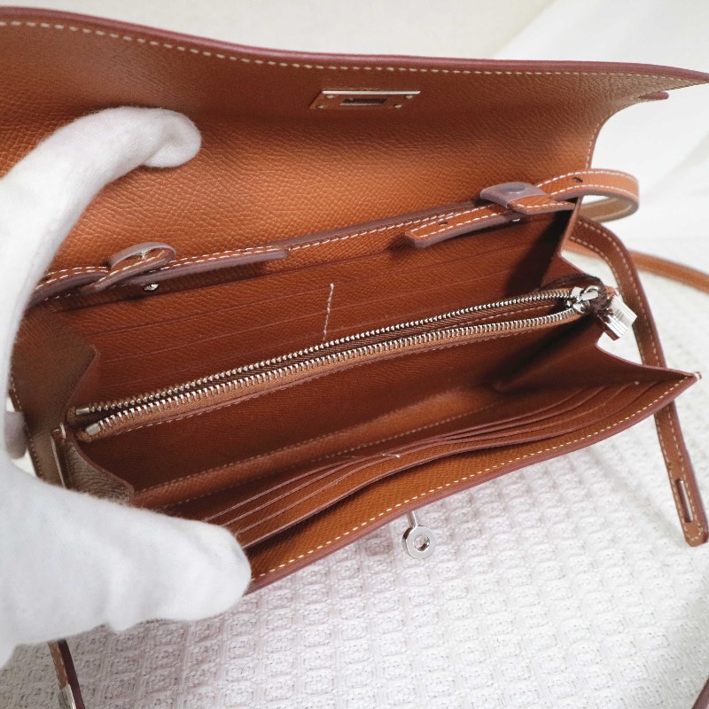 HERMES 愛馬仕 LONG KELLY 錢包金棕銀扣 送肩帶-14