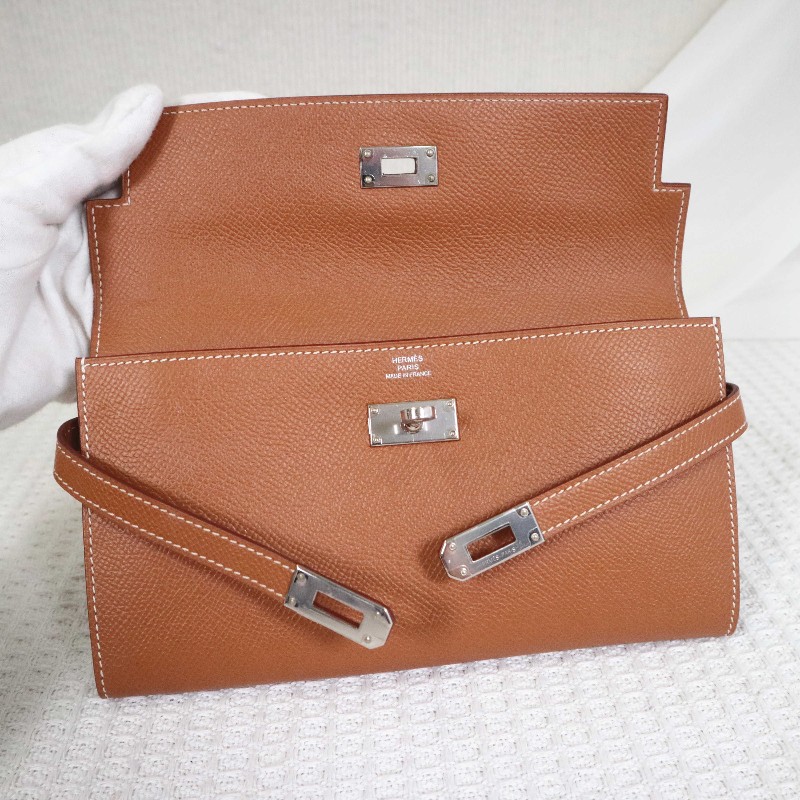 HERMES 愛馬仕 LONG KELLY 錢包金棕銀扣 送肩帶-15