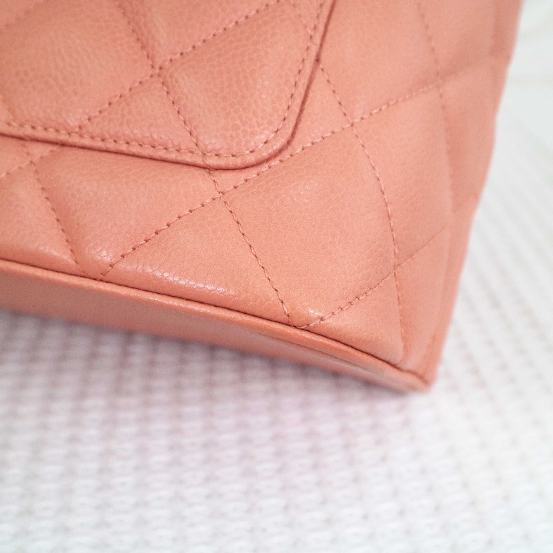 CHANEL 希爾頓 tote 🧡橘粉色托特包菱格紋+大雙C 魚子醬牛皮-9