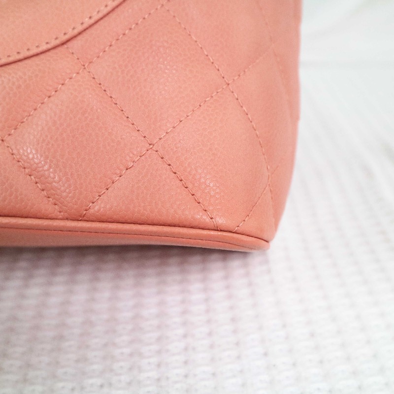 CHANEL 希爾頓 tote 🧡橘粉色托特包菱格紋+大雙C 魚子醬牛皮-11