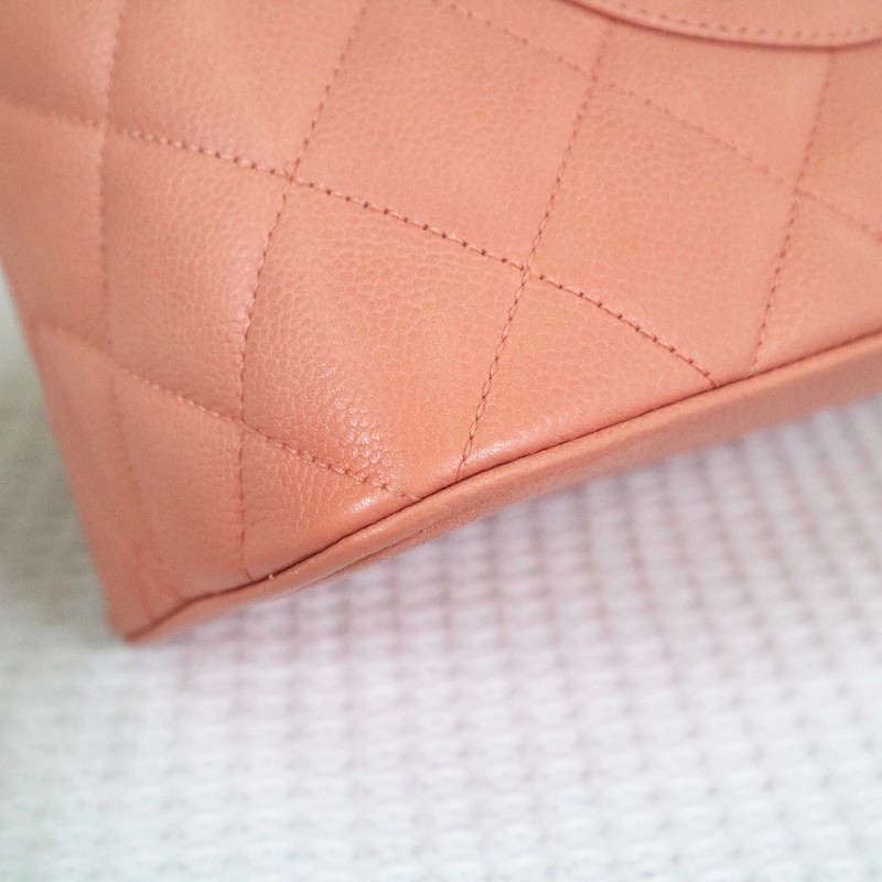 CHANEL 希爾頓 tote 🧡橘粉色托特包菱格紋+大雙C 魚子醬牛皮-12