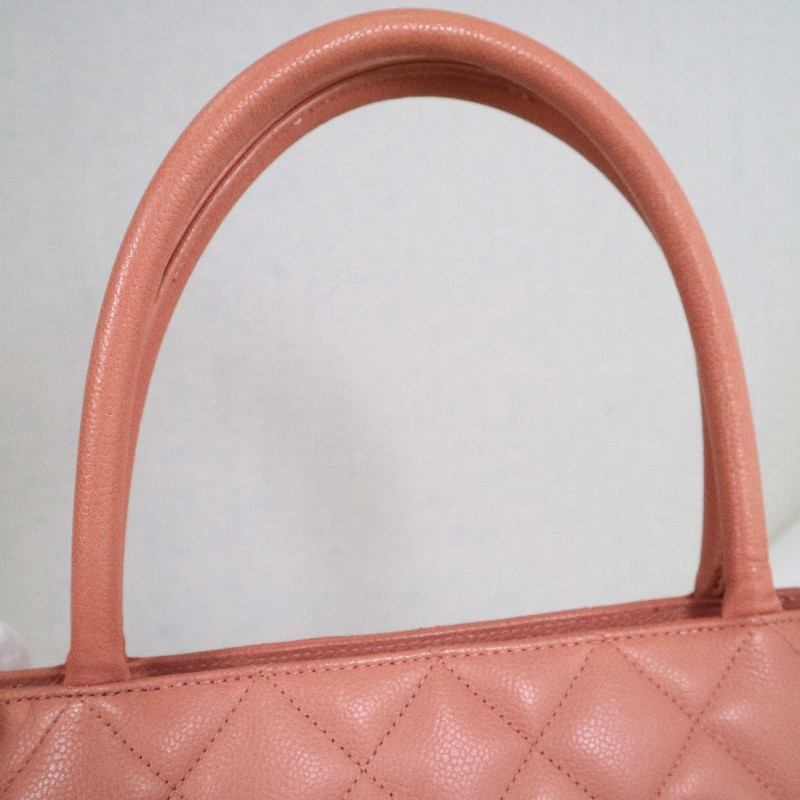 CHANEL 希爾頓 tote 🧡橘粉色托特包菱格紋+大雙C 魚子醬牛皮-18