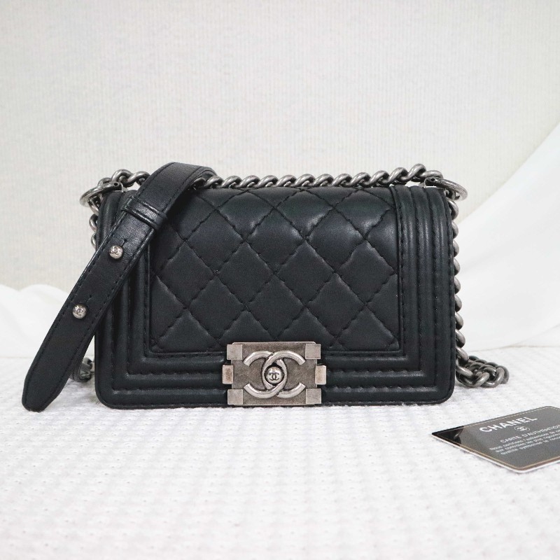 CHANEL 小號 BOY 黑銀鏈條包菱格紋牛皮 肩背包斜背包-0