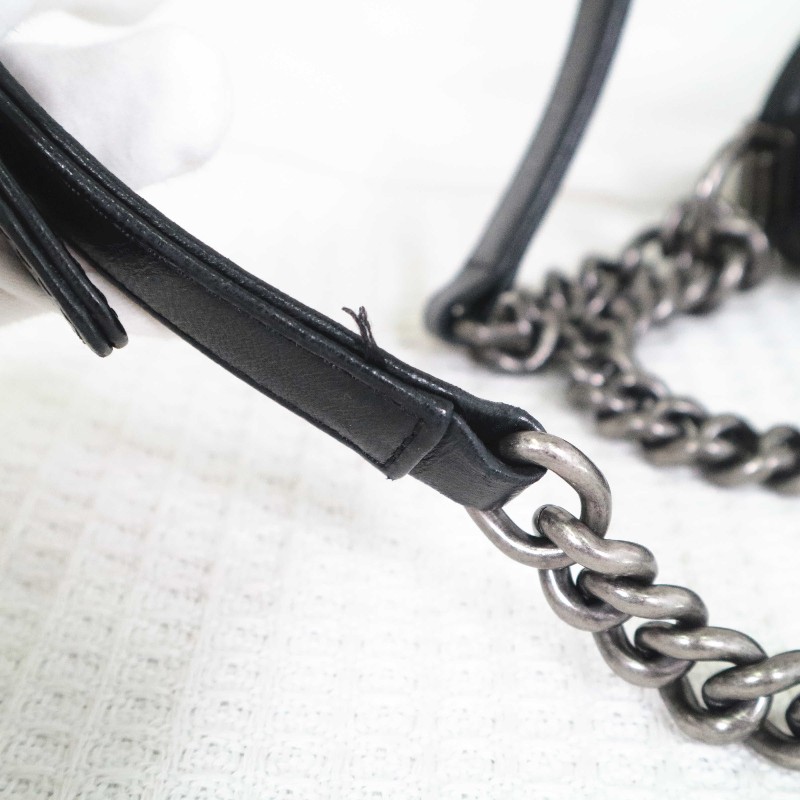 CHANEL 小號 BOY 黑銀鏈條包菱格紋牛皮 肩背包斜背包-24