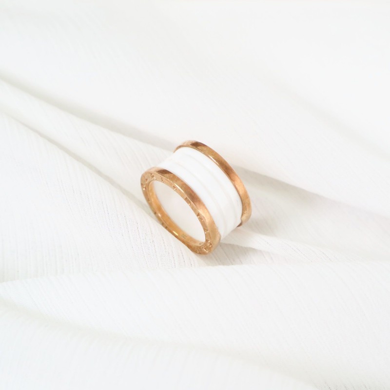 BVLGARI 寶格麗 B-Zero1 白陶瓷四環 玫瑰金戒指 54碼-0