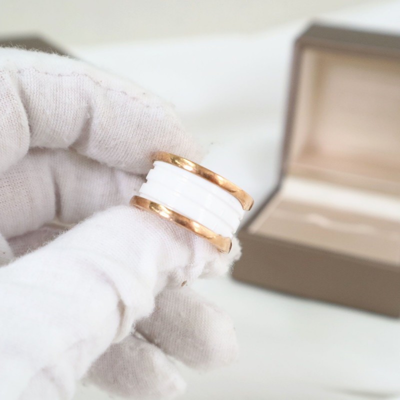 BVLGARI 寶格麗 B-Zero1 白陶瓷四環 玫瑰金戒指 54碼-1