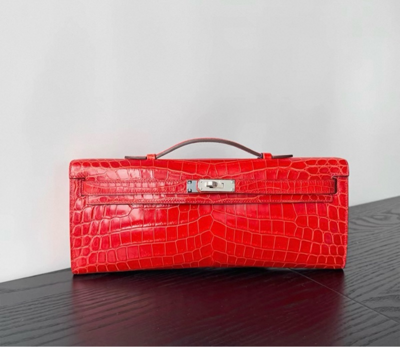 Hermes  愛馬仕 Kellycut天竺紅銀扣 亮面兩點鰐魚 框P刻-0