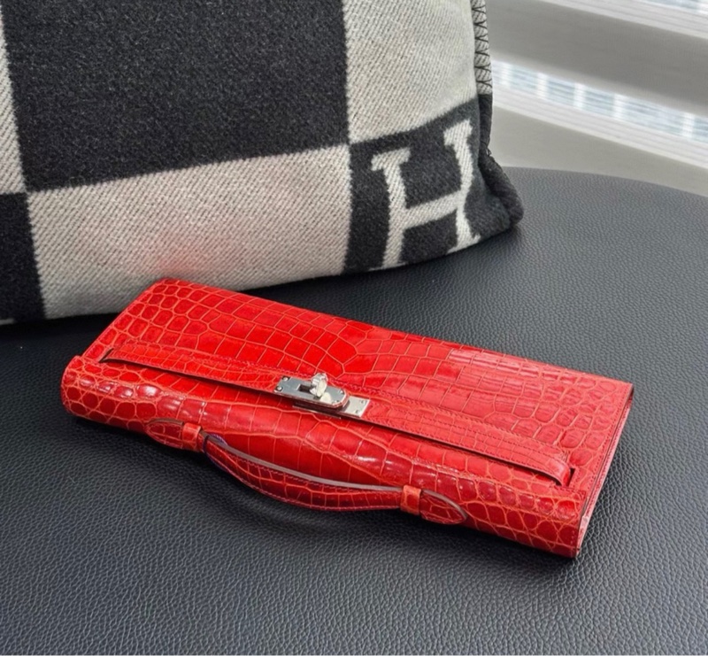 Hermes  愛馬仕 Kellycut天竺紅銀扣 亮面兩點鰐魚 框P刻-4