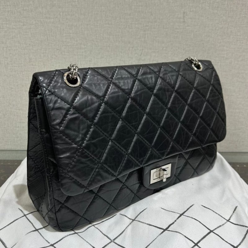 CHANEL 限量老佛爺簽名黑銀2.55大號肩背斜背鍊條包32*18*10 98新配件盒子塵袋保卡-1