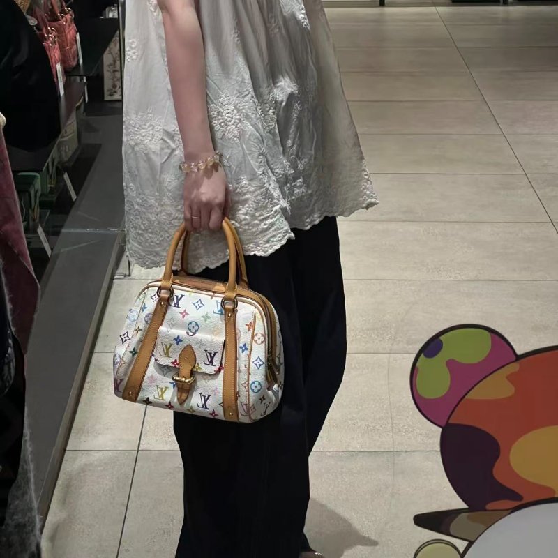 LV 白三彩保齡球手提包 絕版三彩 25*21 95新配件塵袋-0