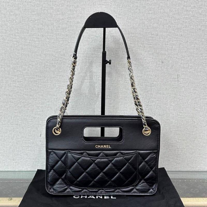 CHANEL 黑金橫版tote肩背腋下包 芯片款 26*18*8 99新配件塵袋-5