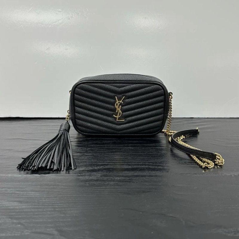 YSL 黑金LOU牛皮流蘇相機肩背斜背包 19*5*11 98新配件塵袋-0