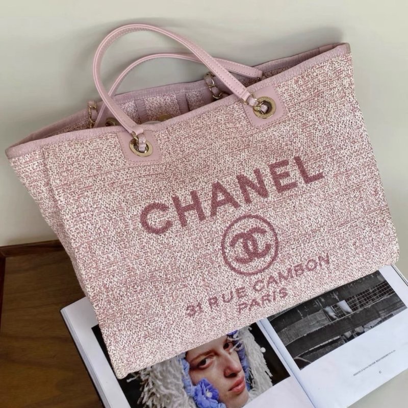 chanel 粉色編織沙灘包tote包41*26*17 99新配件保卡購證塵袋-1