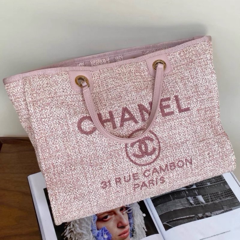 chanel 粉色編織沙灘包tote包41*26*17 99新配件保卡購證塵袋-3
