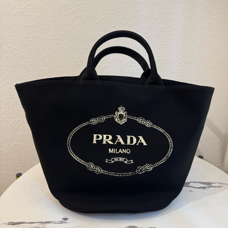 prada黑色布面白logo手提兩用包-0