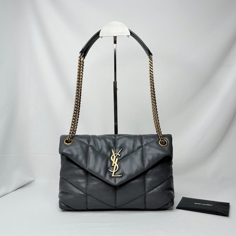 YSL Puffer小號絎縫灰羊鍊帶包-0