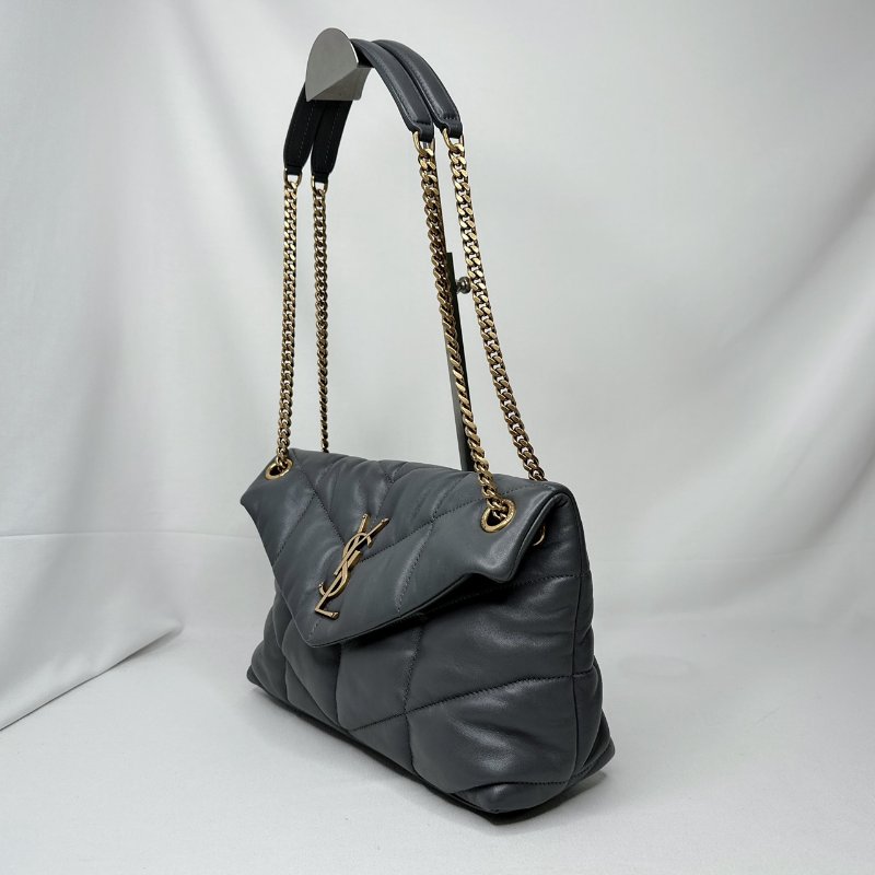 YSL Puffer小號絎縫灰羊鍊帶包-2