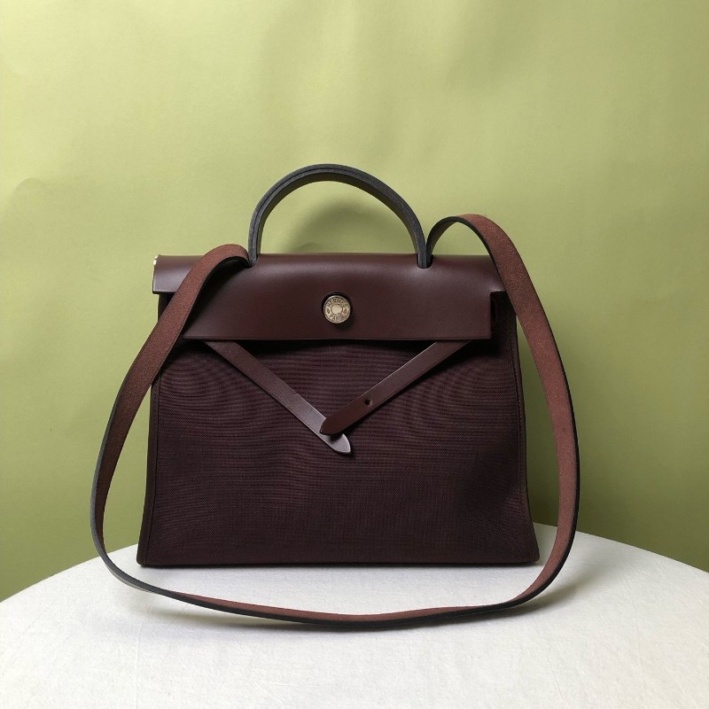 Hermes 酒紅色銀扣皮拼帆布Herbag31-1