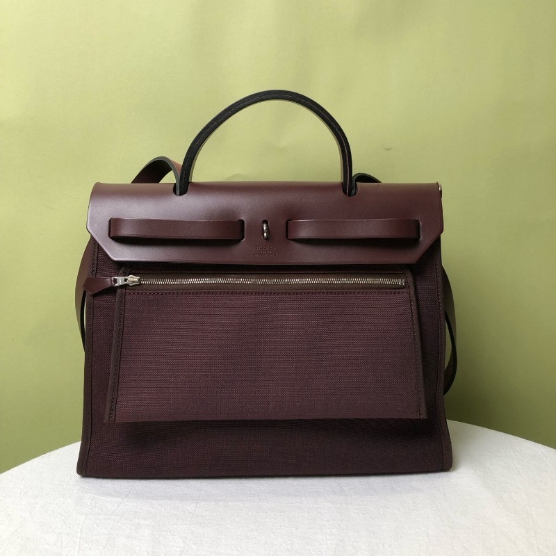 Hermes 酒紅色銀扣皮拼帆布Herbag31-2