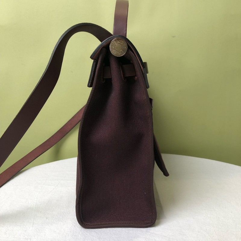 Hermes 酒紅色銀扣皮拼帆布Herbag31-3