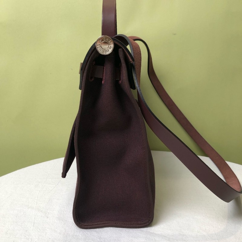 Hermes 酒紅色銀扣皮拼帆布Herbag31-4