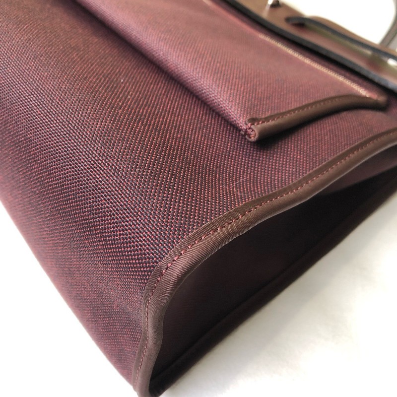 Hermes 酒紅色銀扣皮拼帆布Herbag31-6