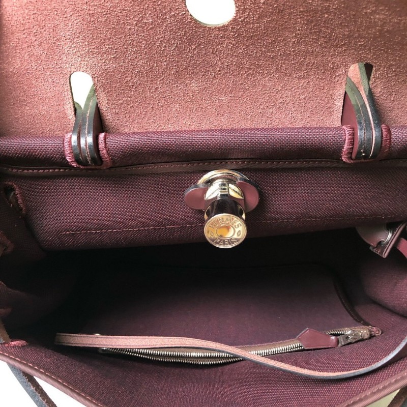 Hermes 酒紅色銀扣皮拼帆布Herbag31-8