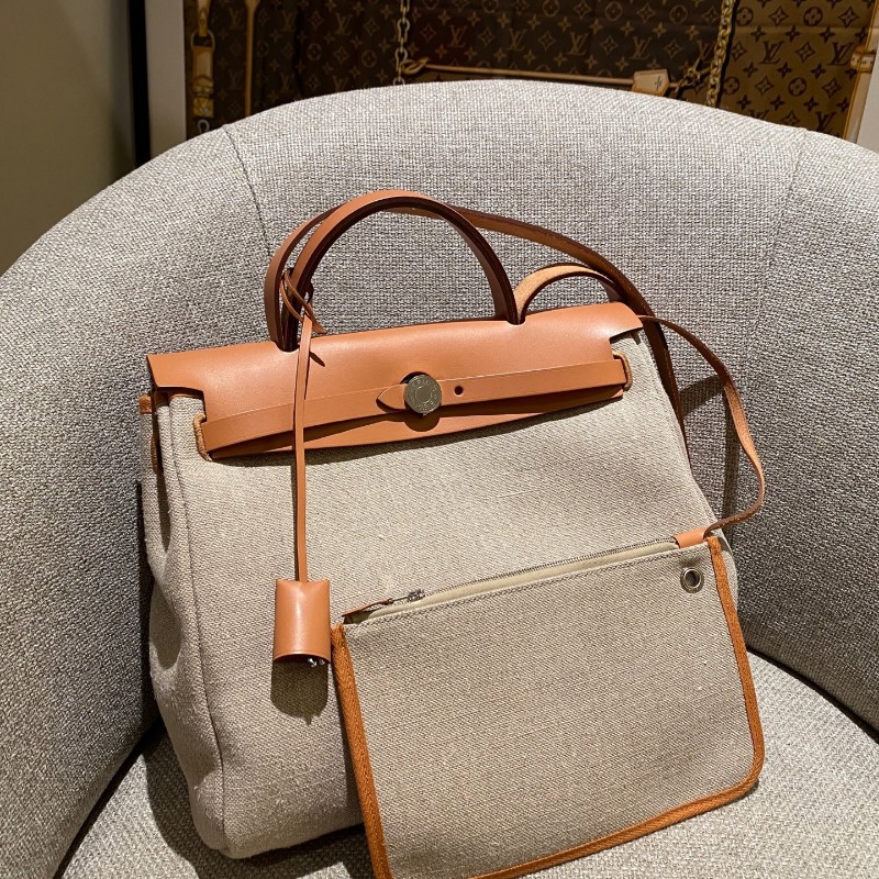 Hermès 淺棕拼亞麻布herbag31 棉麻布銀扣 z刻-0