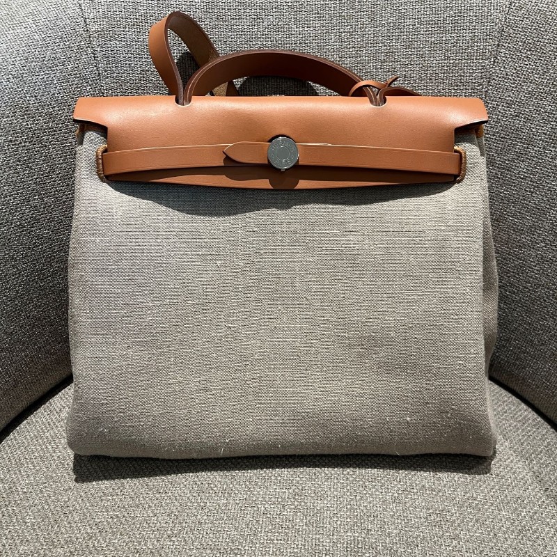 Hermès 淺棕拼亞麻布herbag31 棉麻布銀扣 z刻-2