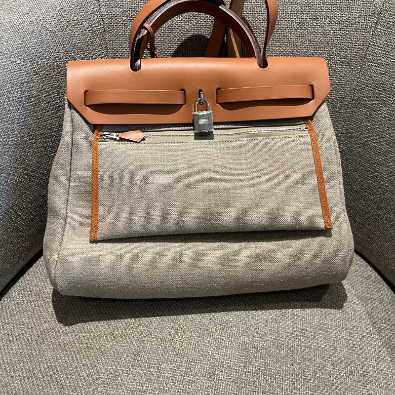 Hermès 淺棕拼亞麻布herbag31 棉麻布銀扣 z刻-3