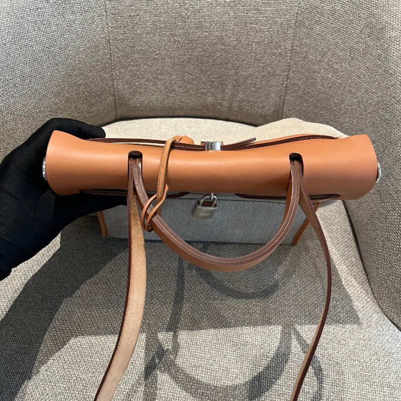 Hermès 淺棕拼亞麻布herbag31 棉麻布銀扣 z刻-4
