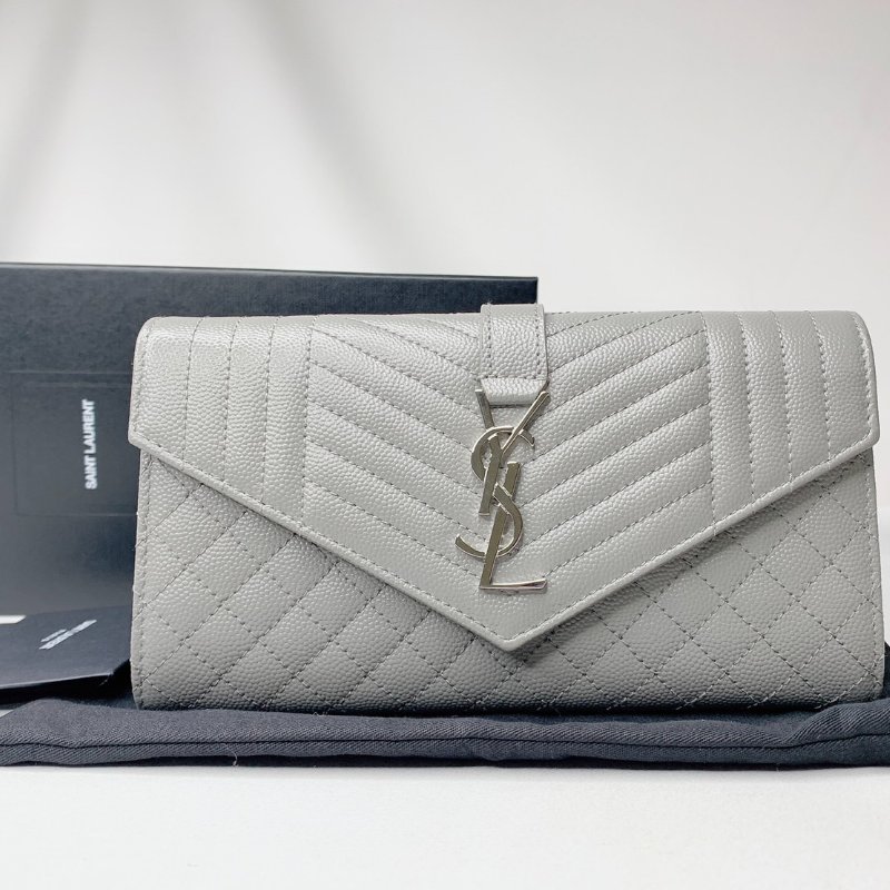 YSL 全新灰色銀扣學院信封長夾-0