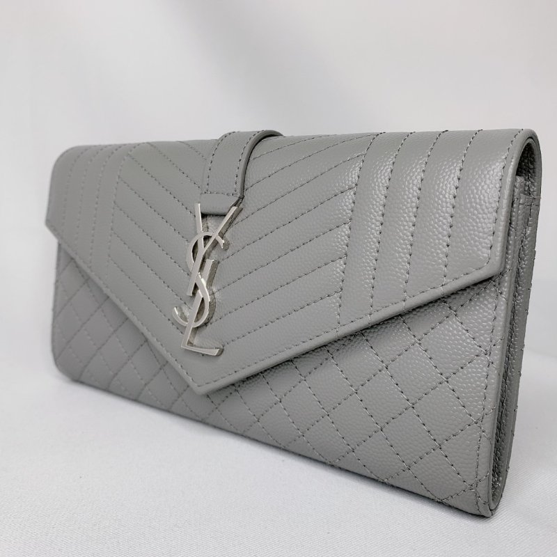 YSL 全新灰色銀扣學院信封長夾-2