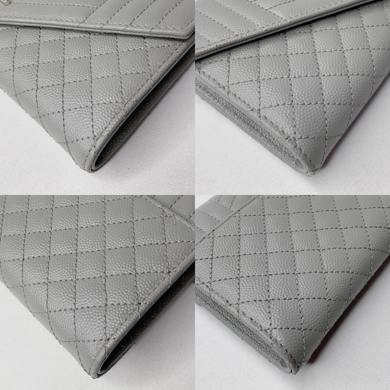 YSL 全新灰色銀扣學院信封長夾-10