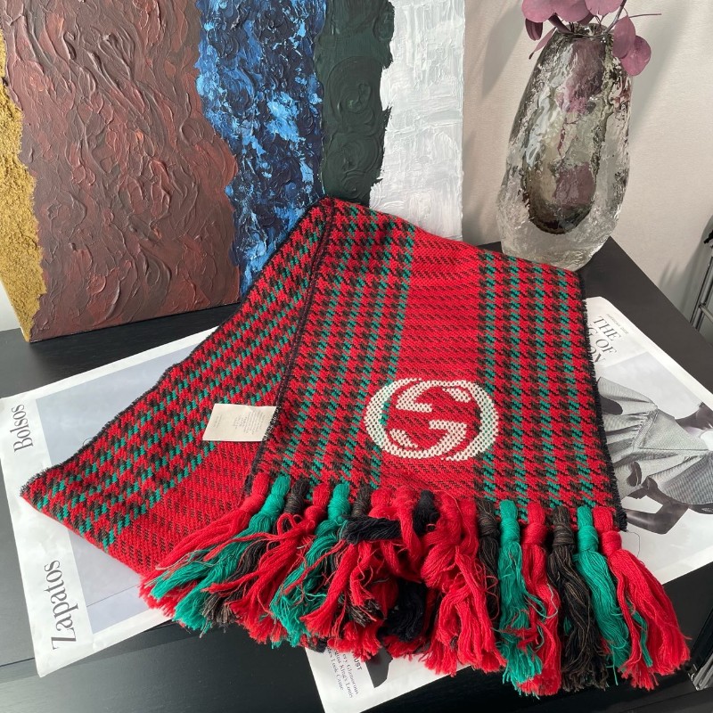 Gucci 圍巾 648955 千鳥格 紅綠 互扣式雙G-0